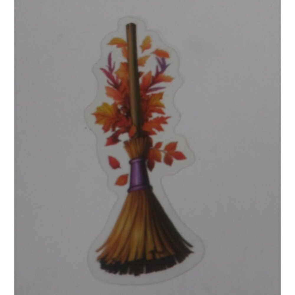 10/$10 Fall Leaf Covered Witch's Broom Transparent Sticker 2.5" x 1" (AR)